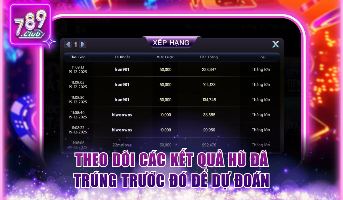 Cao Thấp 789Club - Chơi Minigame Hot Với Jackpot Cực Lớn 3 Theo dõi các kết quả hũ đã trúng trước đó để dự đoán